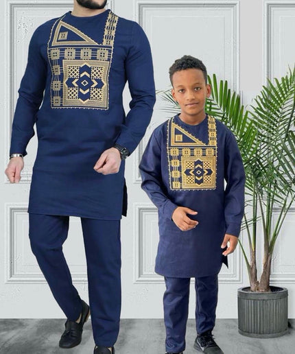 White Father and Son Matching Outfits African Embroidered Shirt Pants | 5 Colors