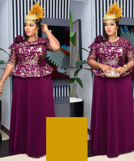 African Dress Women Plus Size Pleated Embellished Peplum Maxi Gown