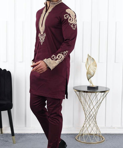 African Men's Clothing Matching Embroidered Shirt Pants Cotton | 7 Colors