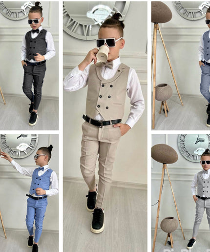 Slim Fit Boys Wedding Suit Vest Bowtie 4 Piece