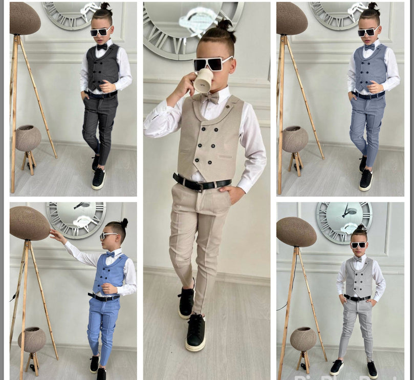 Slim Fit Boys Wedding Suit Vest Bowtie 4 Piece