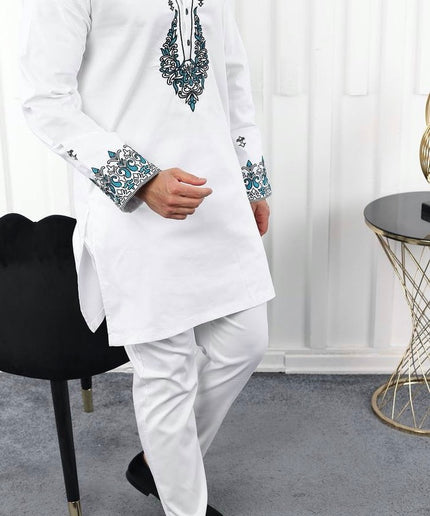 African Men's Clothing Matching Embroidered Shirt Pants Cotton | 7 Colors