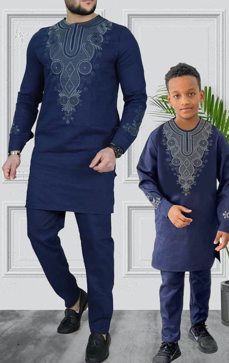 White Father and Son Matching Outfits African Embroidered Shirt Pants | 5 Colors