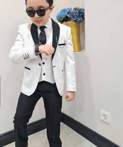 BOYS' Tuxedo Suit 6 Piece Jacket Vest Shirt Pants Tie Chain Lapel