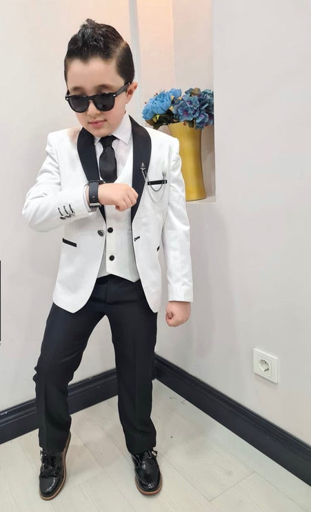 Boys' Tuxedo Suit 6 Piece Jacket Vest Shirt Pants Tie Chain Lapel