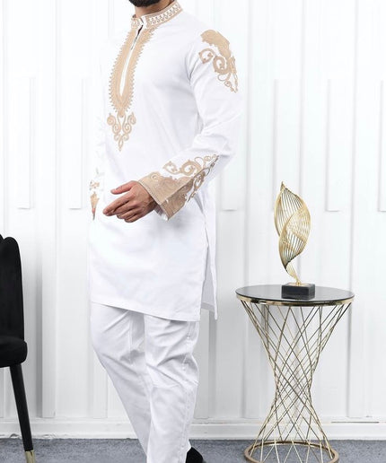 White African Men's Clothing Matching Embroidered Shirt Pants Cotton | 7 Colors