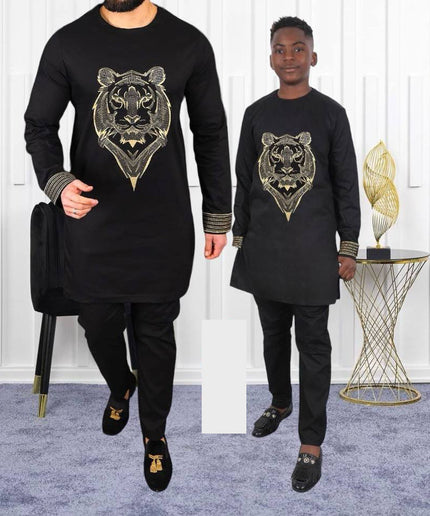 Father and Son Matching African Outfits Embellished Embroidery Shirt Pants | 4 Colors