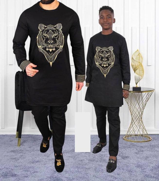 Father and Son Matching African Outfits Embellished Embroidery Shirt Pants | 4 Colors