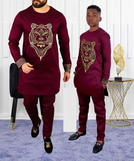 Father and Son Matching African Outfits Embellished Embroidery Shirt Pants | 4 Colors