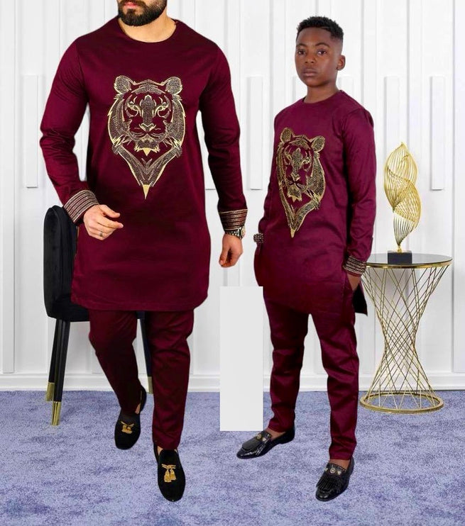 Father and Son Matching African Outfits Embellished Embroidery Shirt Pants | 4 Colors