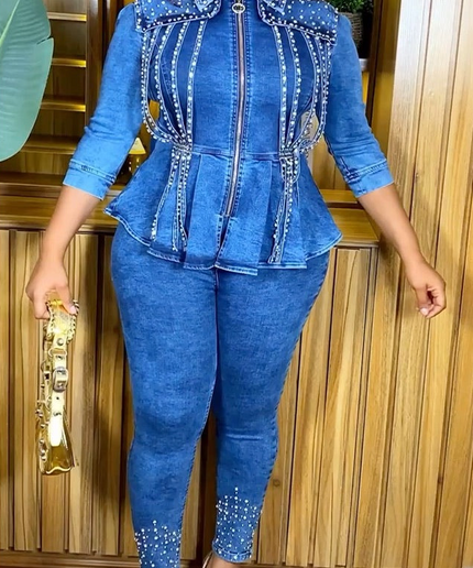 Embellished Denim Shirt and Pants Set  Stretch Curvy Weekend Party Jeans