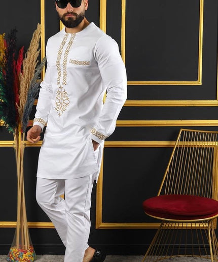 African Men's Clothing Embroidered Shirt Pants Cotton