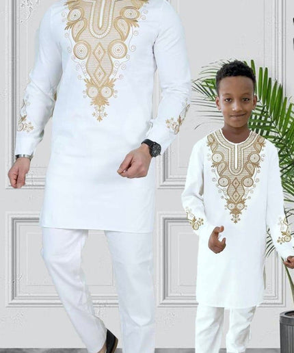 White Father and Son Matching Outfits African Embroidered Shirt Pants | 5 Colors