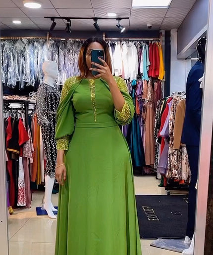 Green Embellished Shoulder Maxi Gown