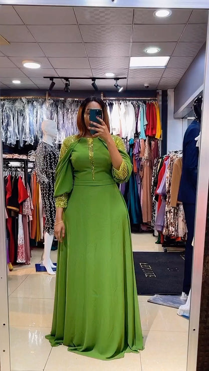 Green Embellished Shoulder Maxi Gown