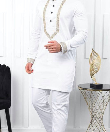 White African Men's Clothing Embellished Embroidery Shirt Pants Cotton