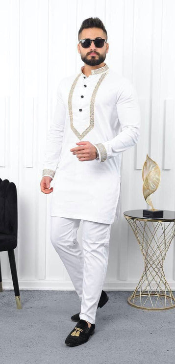 White African Men's Clothing Embellished Embroidery Shirt Pants Cotton