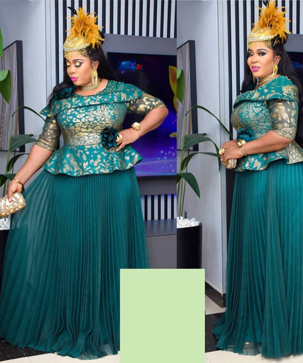 African Dress Women Plus Size Pleated Embellished Peplum Maxi Gown