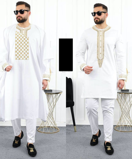 White Agbada Pants Shirt Embroidered African Traditional Wedding Wear | 4 Colors