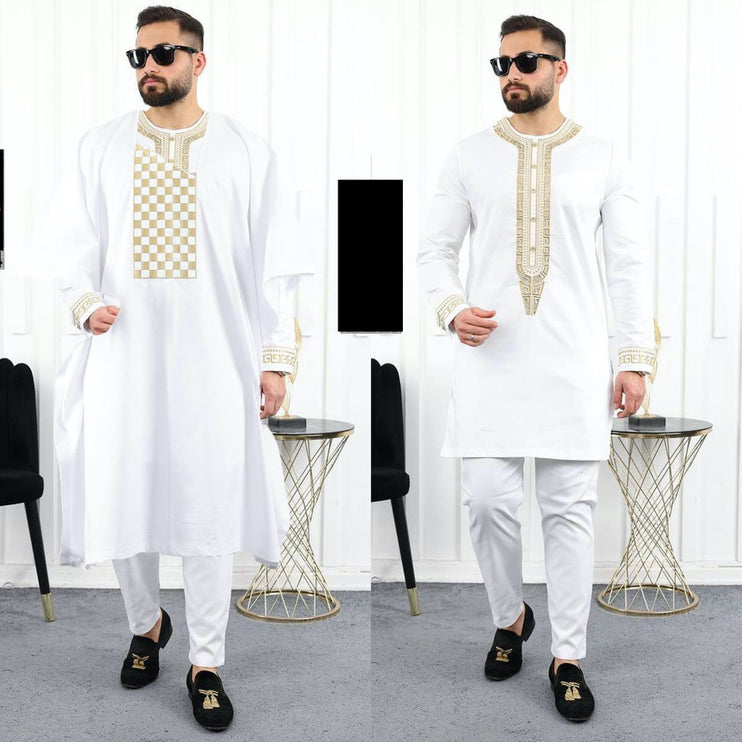 White Agbada Pants Shirt Embroidered African Traditional Wedding Wear | 4 Colors