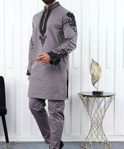 White African Men's Clothing Matching Embroidered Shirt Pants Cotton | 7 Colors