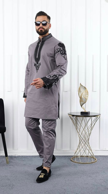 African Men's Clothing Matching Embroidered Shirt Pants Cotton | 7 Colors