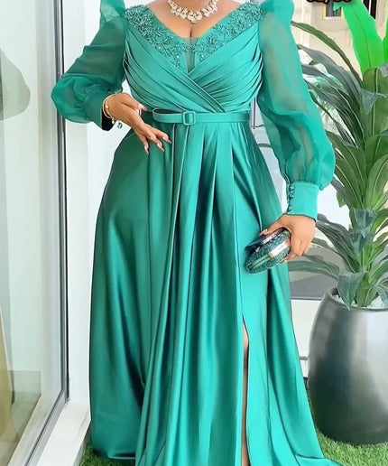 Charmeuse Blouson Sleeve Side Slit Gown | 6 Colors