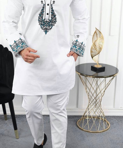 White African Men's Clothing Matching Embroidered Shirt Pants Cotton | 7 Colors