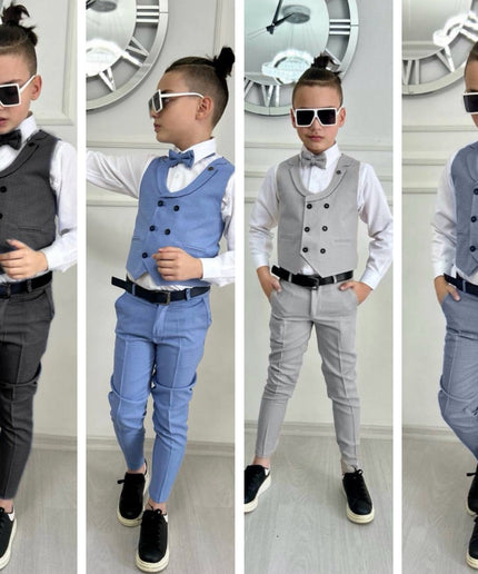 Slim Fit Boys Wedding Suit Vest Bowtie 4 Piece