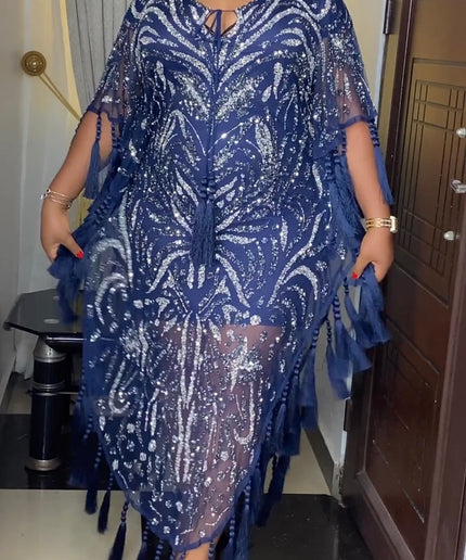 Navy Blue Fringe Embellished Kaftan Dress