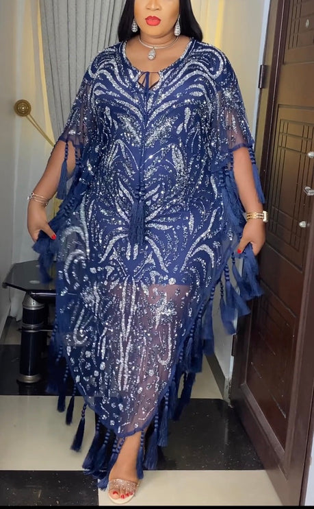 Navy Blue Fringe Embellished Kaftan Dress