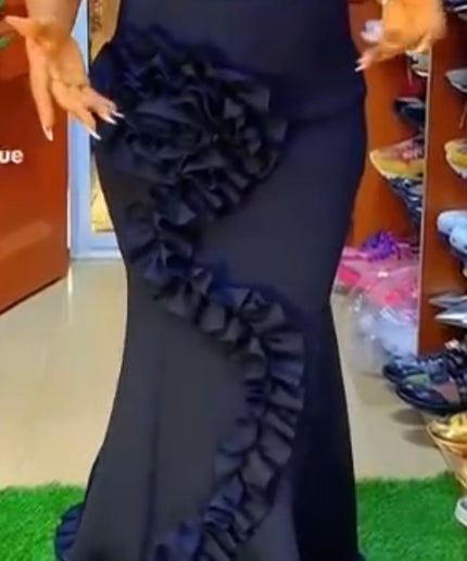 Black 3D Flower Detail  Maxi Trumpet Evening Skirt