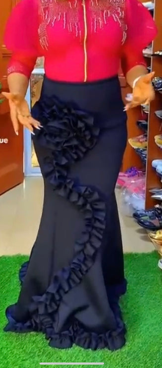 Black 3D Flower Detail  Maxi Trumpet Evening Skirt