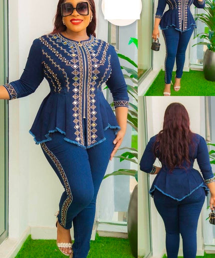 Denim and Diamonds Stretch Top & Pants Set, Curvy Weekend Party Outfit