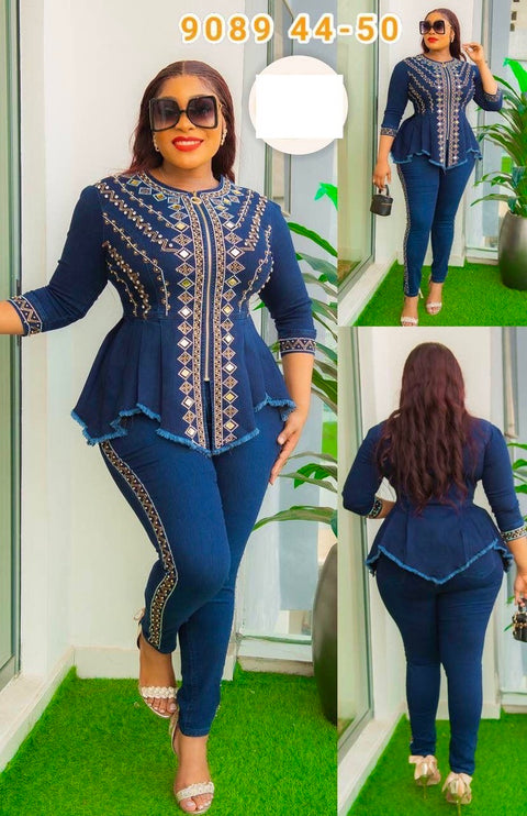 Denim and Diamonds Stretch Top & Pants Set, Curvy Weekend Party Outfit