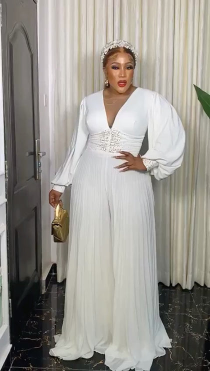 White Pleated Embellished Wide Leg Jumpsuit