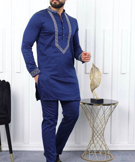 African Men's Clothing Embellished Embroidery Shirt Pants Cotton