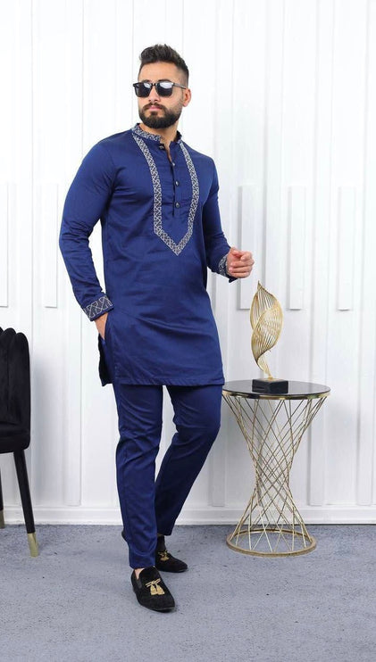 African Men's Clothing Embellished Embroidery Shirt Pants Cotton