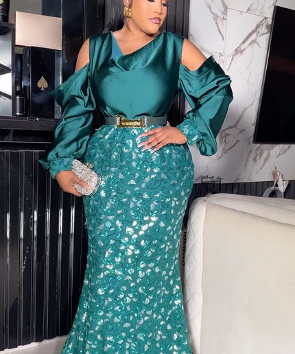 Teal Cold Shoulder Sequin Maxi Gown