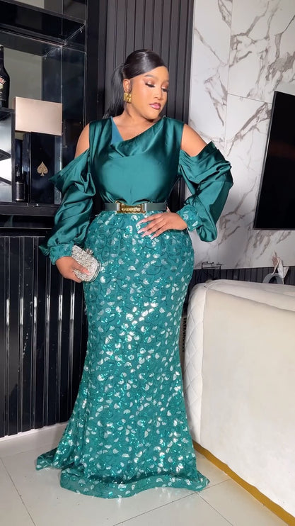 Teal Cold Shoulder Sequin Maxi Gown