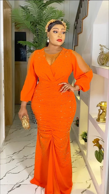 Orange Embellished Slit Sleeves Maxi Gown