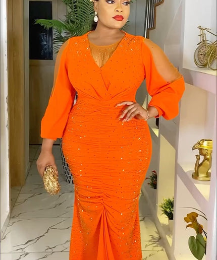 Orange Embellished Slit Sleeves Maxi Gown