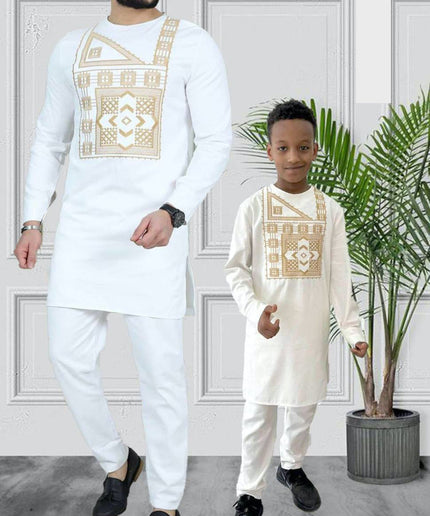 White Father and Son Matching Outfits African Embroidered Shirt Pants | 5 Colors