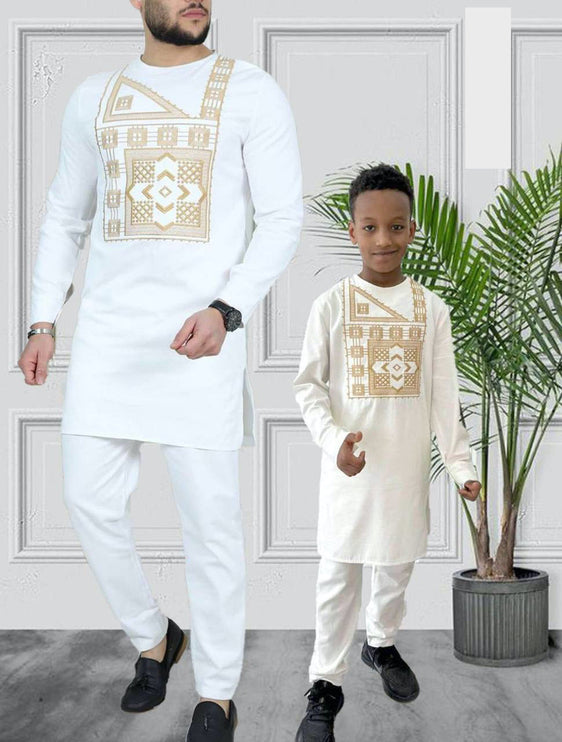 White Father and Son Matching Outfits African Embroidered Shirt Pants | 5 Colors