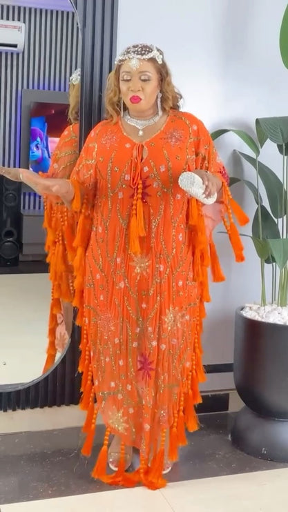 Multi-Colored Embellished Beaded Fringed Kaftan Dress