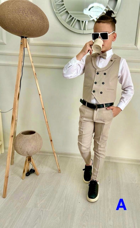 Slim Fit Boys Wedding Suit Vest Bowtie 4 Piece