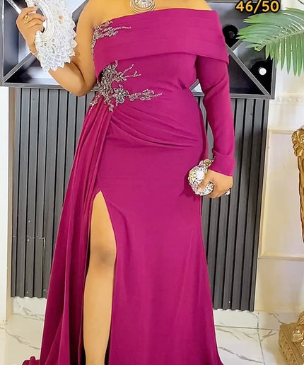 One-Shoulder Embellished Pleated Draped Slit Gown