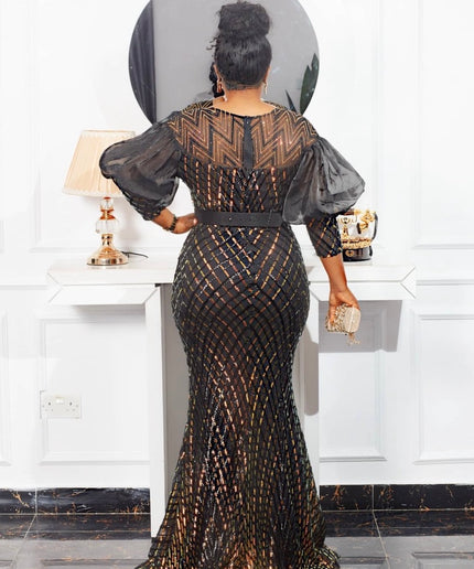 Black and Gold Sequin Maxi Dress Dramatic Sleeves