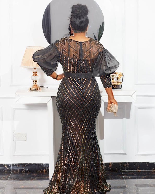 Black and Gold Sequin Maxi Dress Dramatic Sleeves