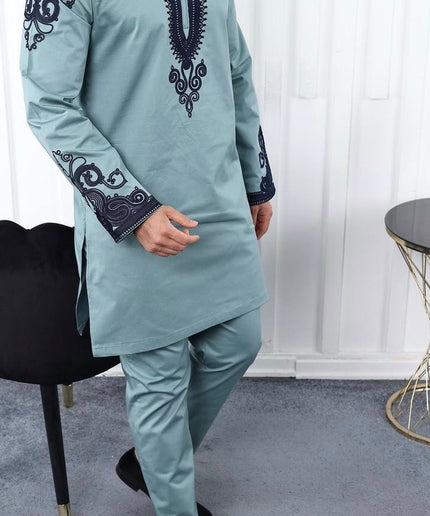 African Men's Clothing Matching Embroidered Shirt Pants Cotton | 7 Colors